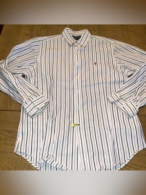Vintage Ralph Lauren Polo Shirt Mens 16.5 34/35  White W/ Blue & Red Stripes